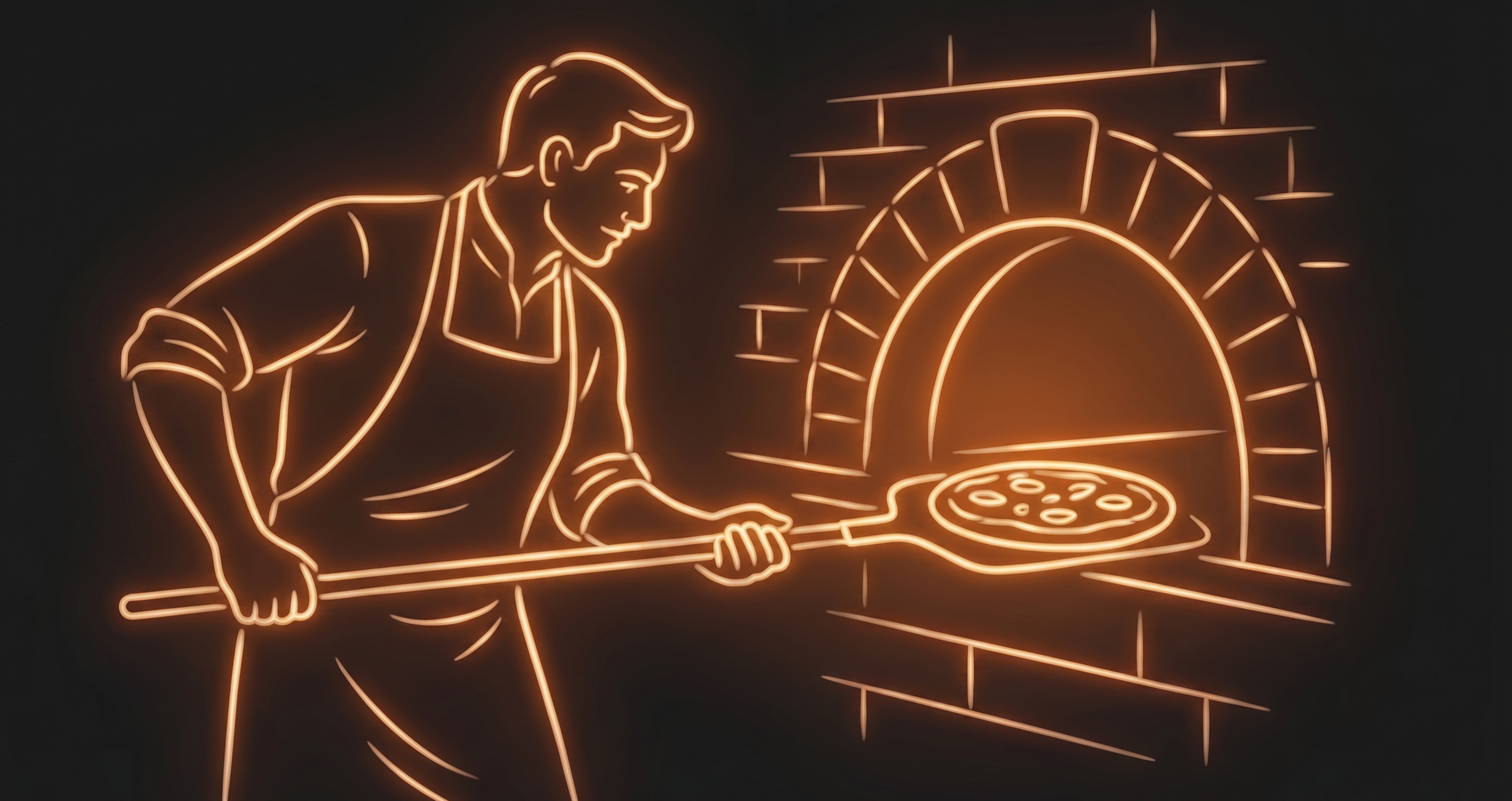 Pizzaiolo al neon davanti al forno a legna